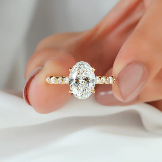 Oval Lab Grown Diamond Engagement Ring, Marquise Round Diamond Band