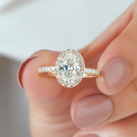 Oval Halo Diamond Engagement Ring with Pave Band