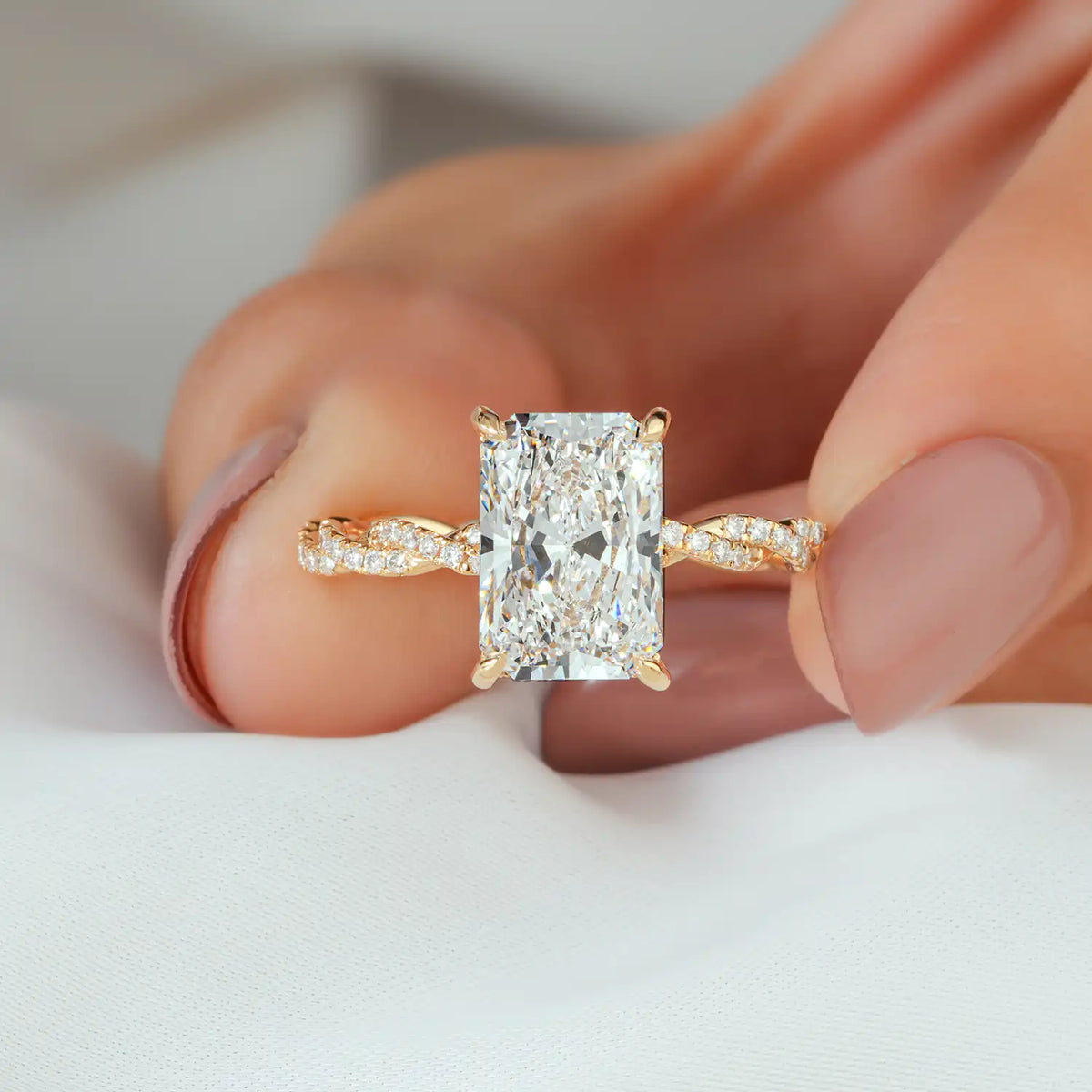 Twisted Pave Radiant Cut Lab Grown Diamond Hidden Halo Engagement Ring