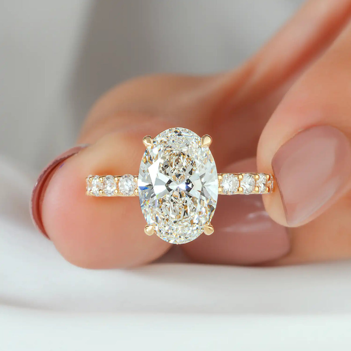 Oval Lab Grown Diamond Engagement Ring, Shared Prong Pave Ring