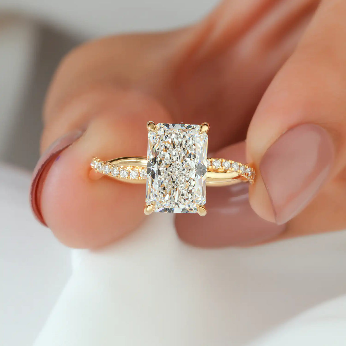 Twisted Pavé Radiant Cut Lab Grown Diamond Hidden Halo Engagement Ring