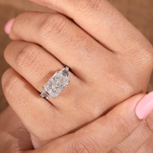 Radiant Cut Lab Grown Diamond Ring with Trapezoid Side Stones and Pave Shank