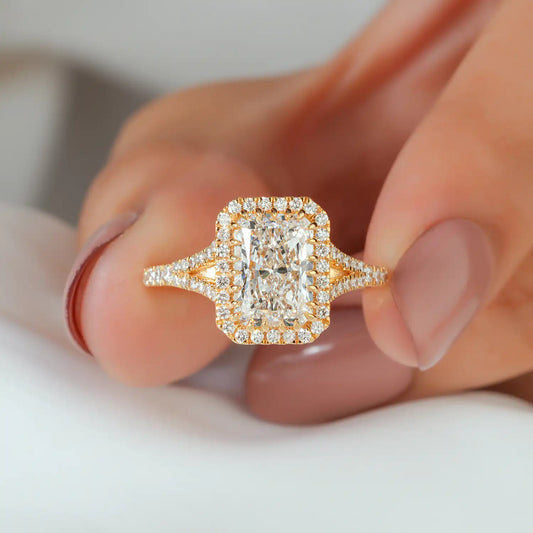 Radiant Cut Lab Grown Diamond Halo Engagement Ring with Pave Split Shank