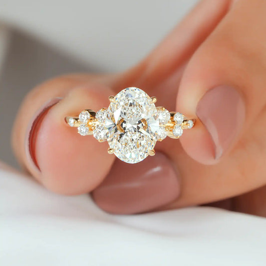 Oval Lab Grown Diamond Engagement Ring, Round Diamond Cluster Band