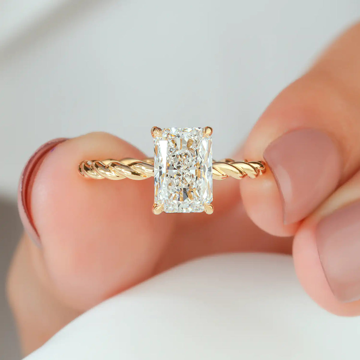 Rope Twist Radiant Cut Lab Grown Diamond Hidden Halo Engagement Ring