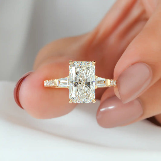 Radiant Cut Lab Grown Diamond Three Stone Engagement Ring with Tapered Baguette and Pave Band