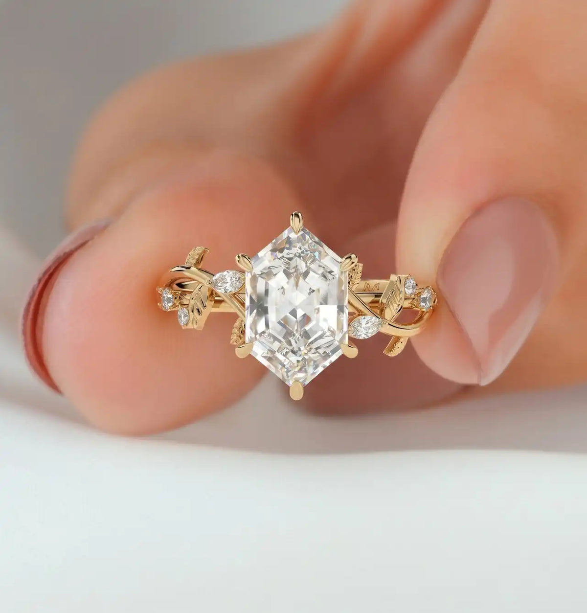 Hexagon Cut Lab Grown Diamond Vine and Leaf Nature Inspired Engagement Ring