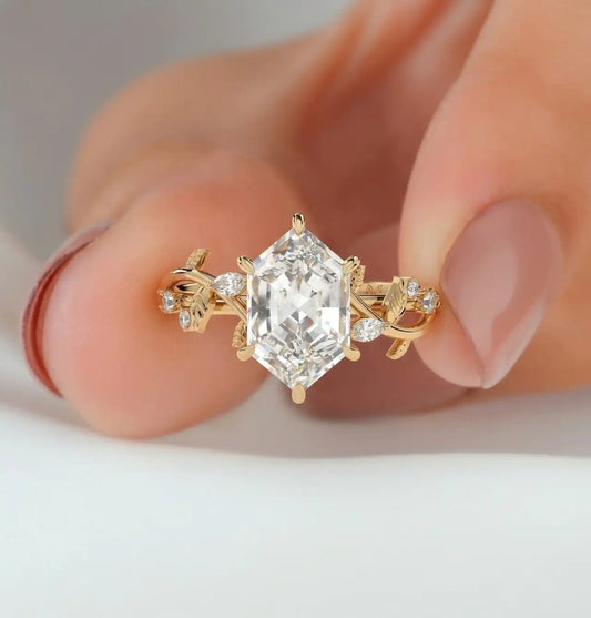 Hexagon Cut Lab Grown Diamond Vine and Leaf Nature Inspired Engagement Ring