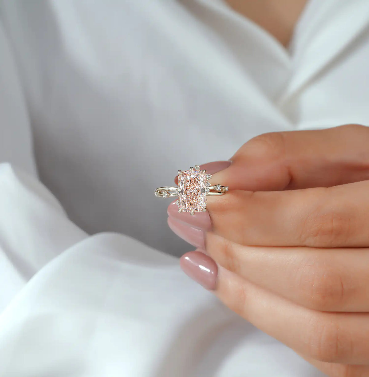 Pink Radiant Cut Twig Ring with Scattered Accents