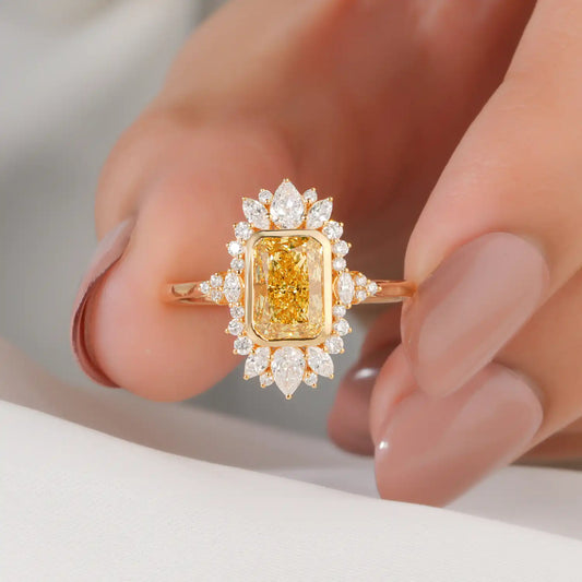 Yellow Radiant Lab Grown Diamond Engagement Ring, Marquise Pear Halo