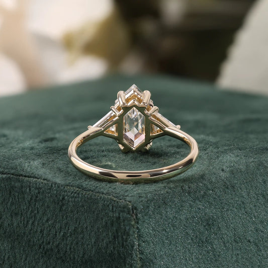 Elongated Hexagon Diamond Ring with Trillion Sides, Polished Ring