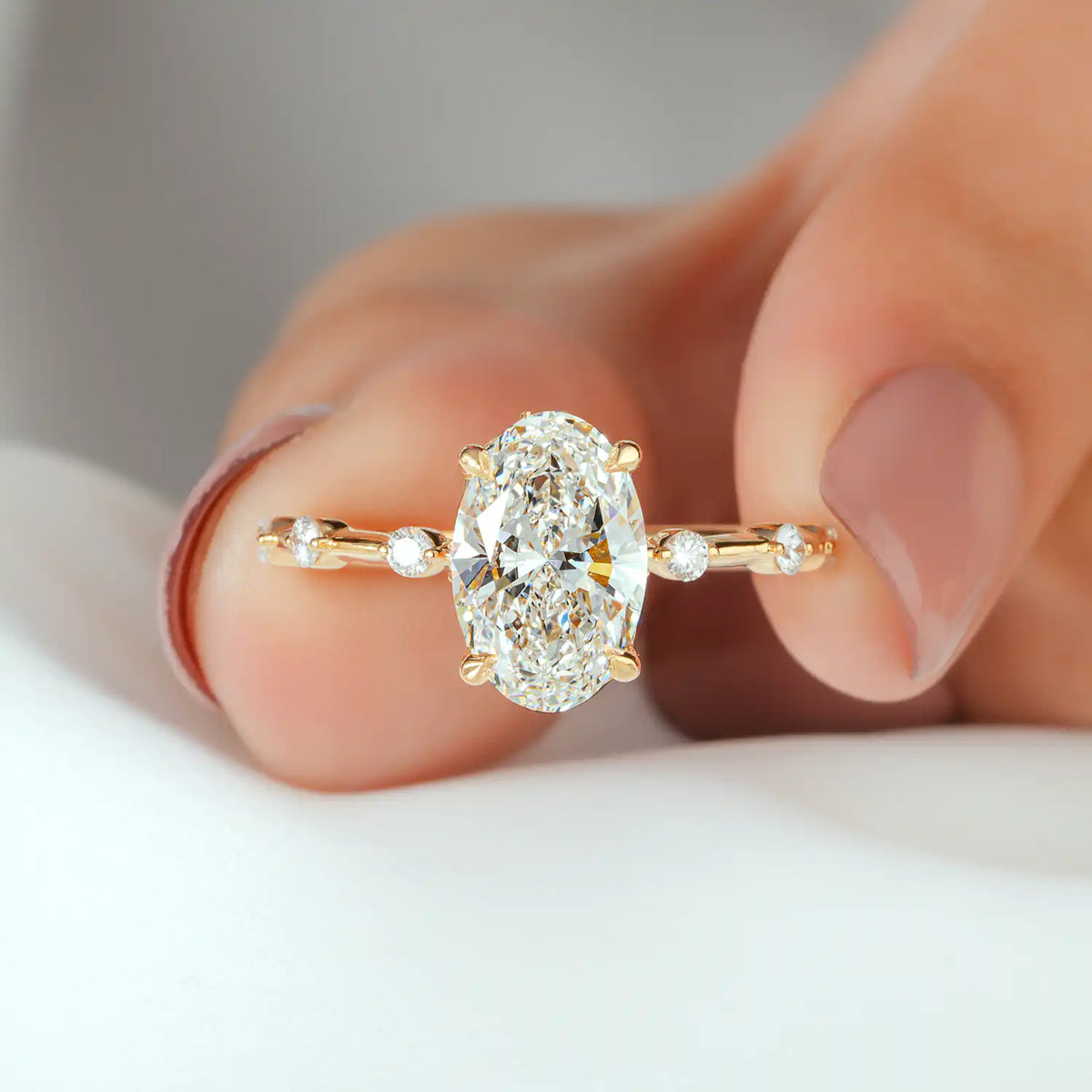Oval Lab Grown Diamond Hidden Halo Ring, Spaced Diamond Ring