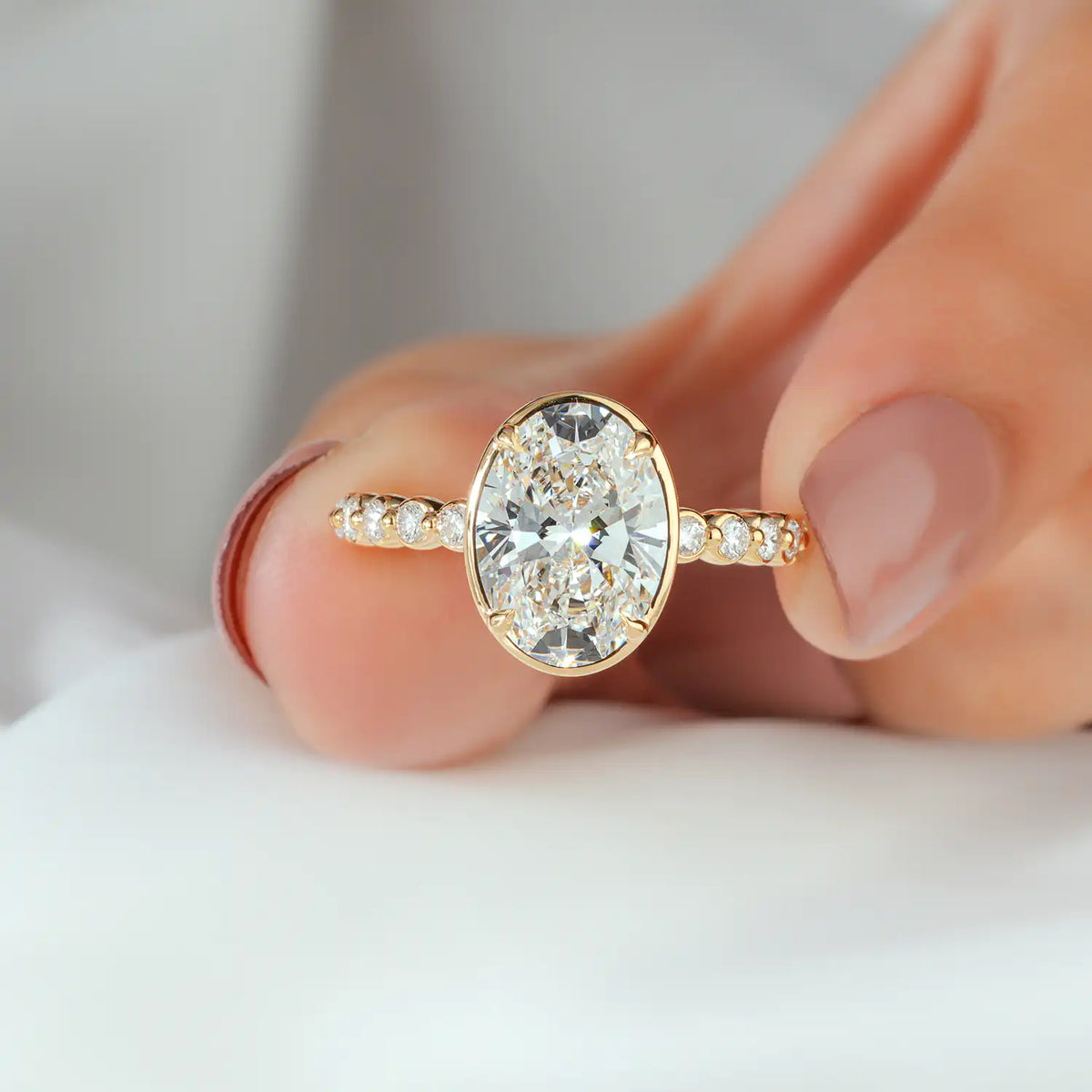 Oval Lab Grown Diamond Engagement Ring, Bezel Prong Diamond Band