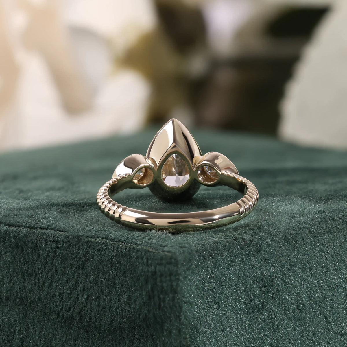 Pear Lab Grown Diamond Three Stone Bezel Ring, Reeded Ring