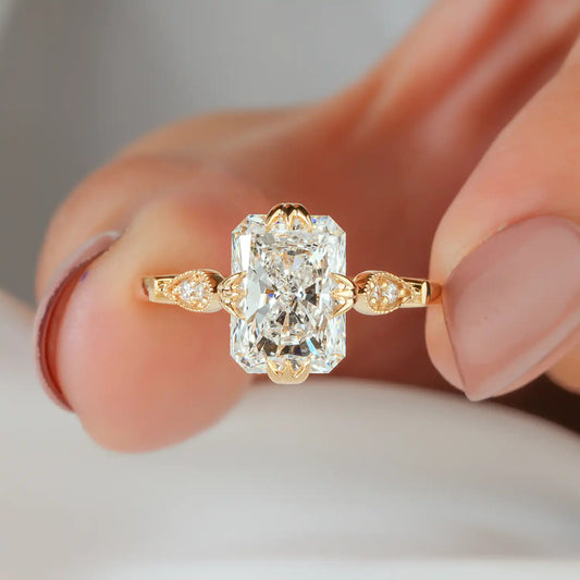 Radiant Cut Lab Grown Diamond Floral Engagement Ring with Petal Prongs and Milgrain Accents