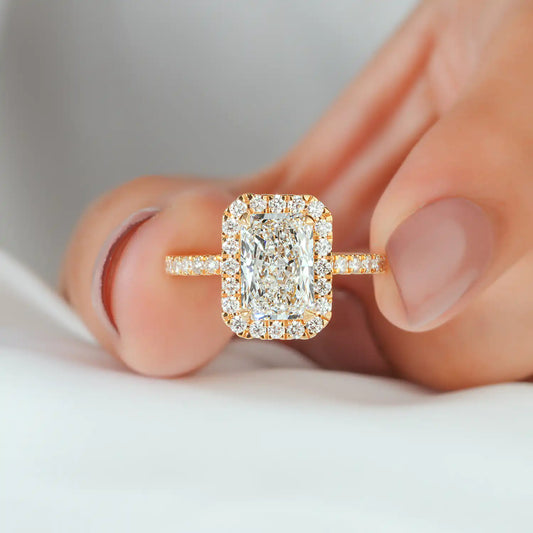 Radiant Lab Grown Diamond Halo Engagement Ring, Pave Diamond Ring