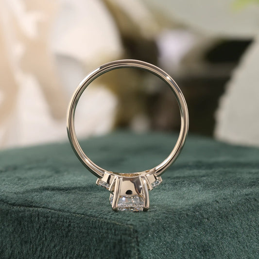 Elongated Cushion Lab Grown Diamond Ring, Half Moon Side Stones, Plain Ring