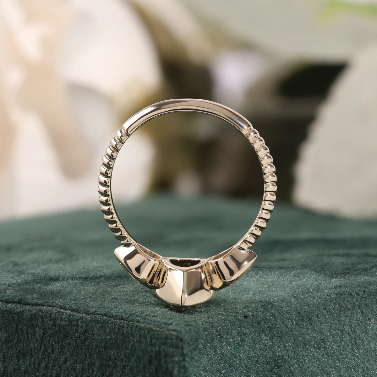Pear Lab Grown Diamond Three Stone Bezel Ring, Reeded Ring