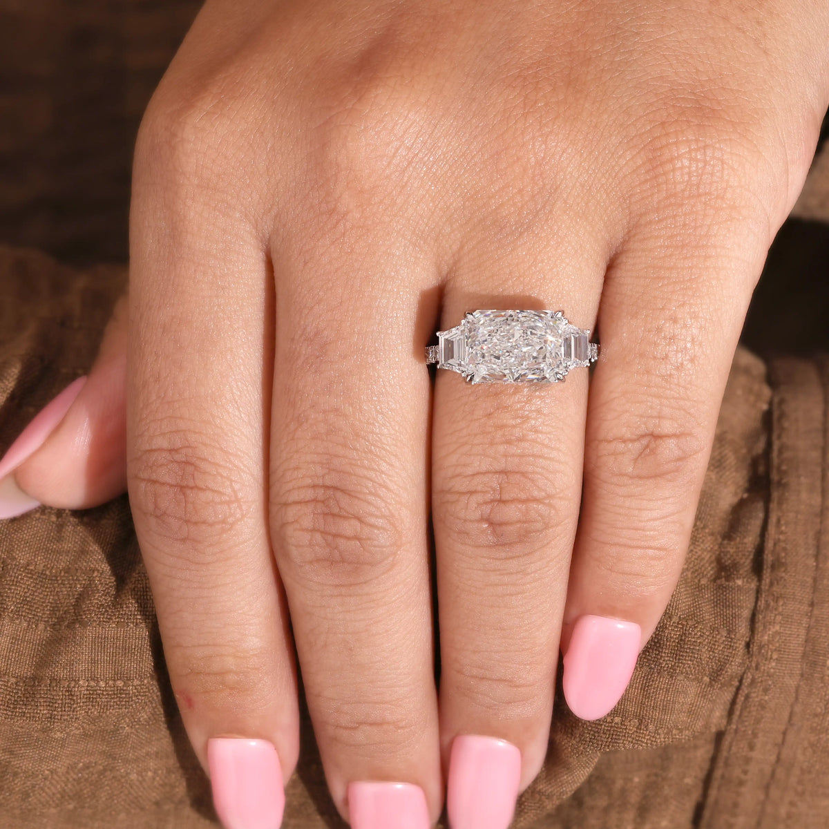 Radiant Cut Lab Grown Diamond Ring with Trapezoid Side Stones and Pave Shank