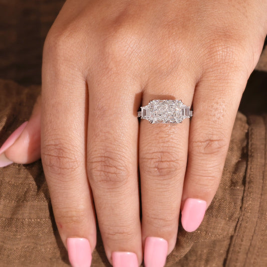 Radiant Cut Lab Grown Diamond Ring with Trapezoid Side Stones and Pave Shank