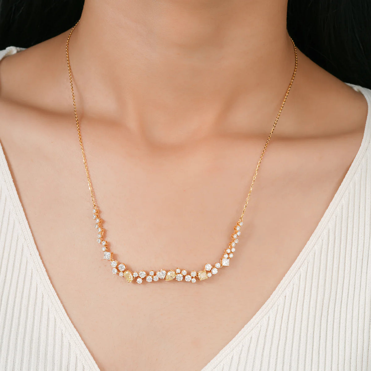 Scattered Mixed Shape Diamond Necklace with Yellow Accents