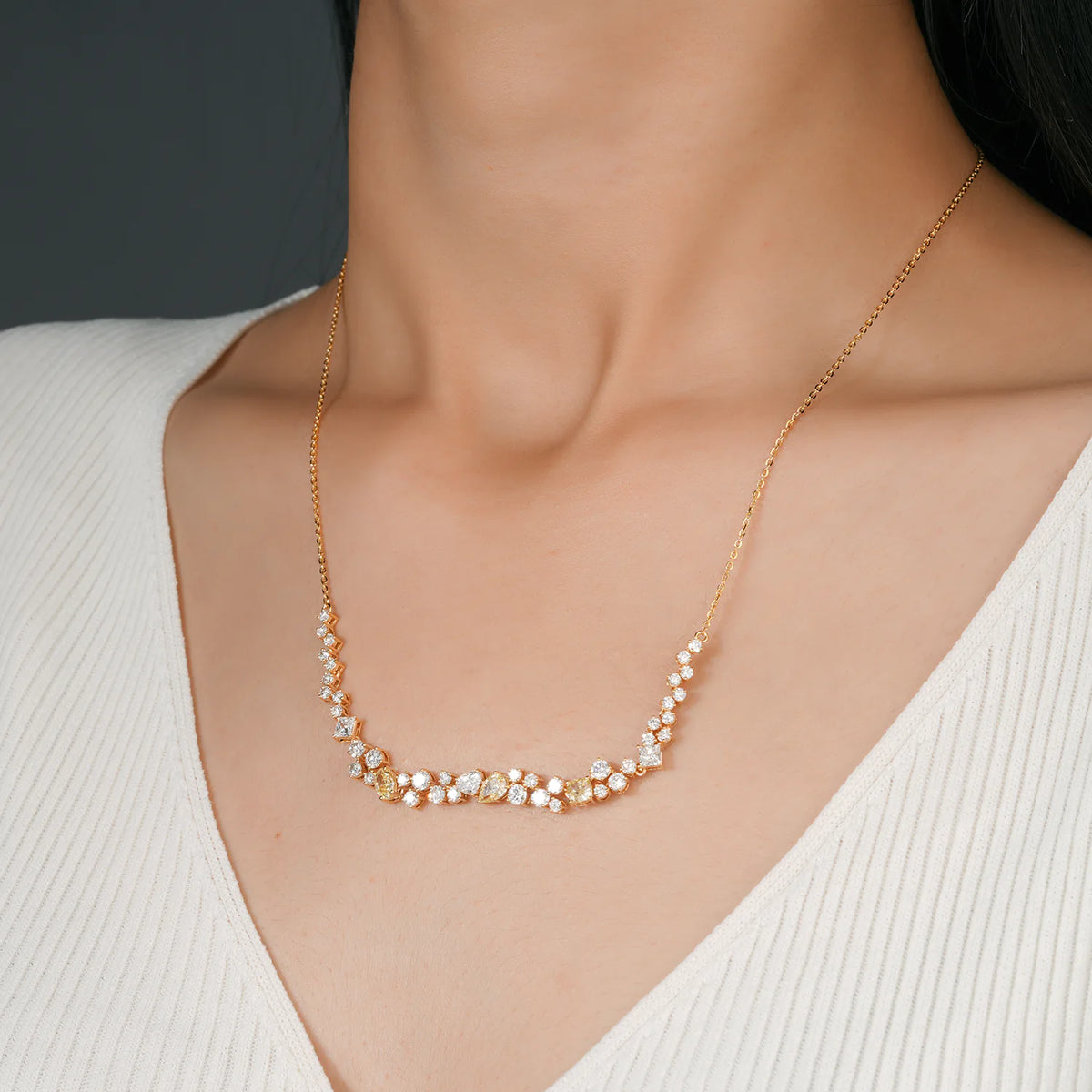 Scattered Mixed Shape Diamond Necklace with Yellow Accents