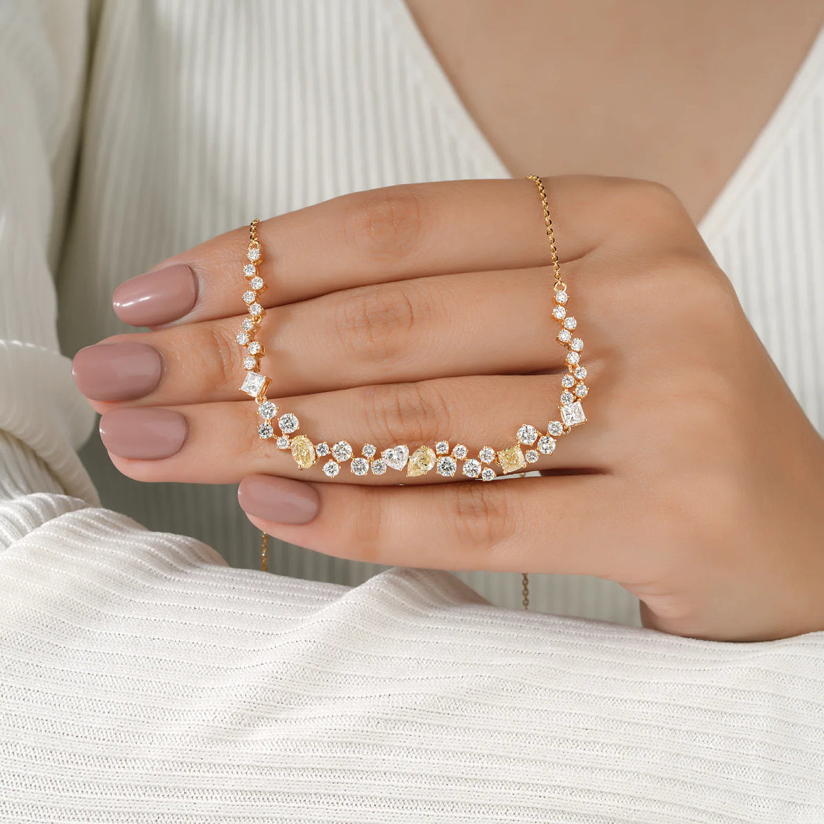 Scattered Mixed Shape Diamond Necklace with Yellow Accents