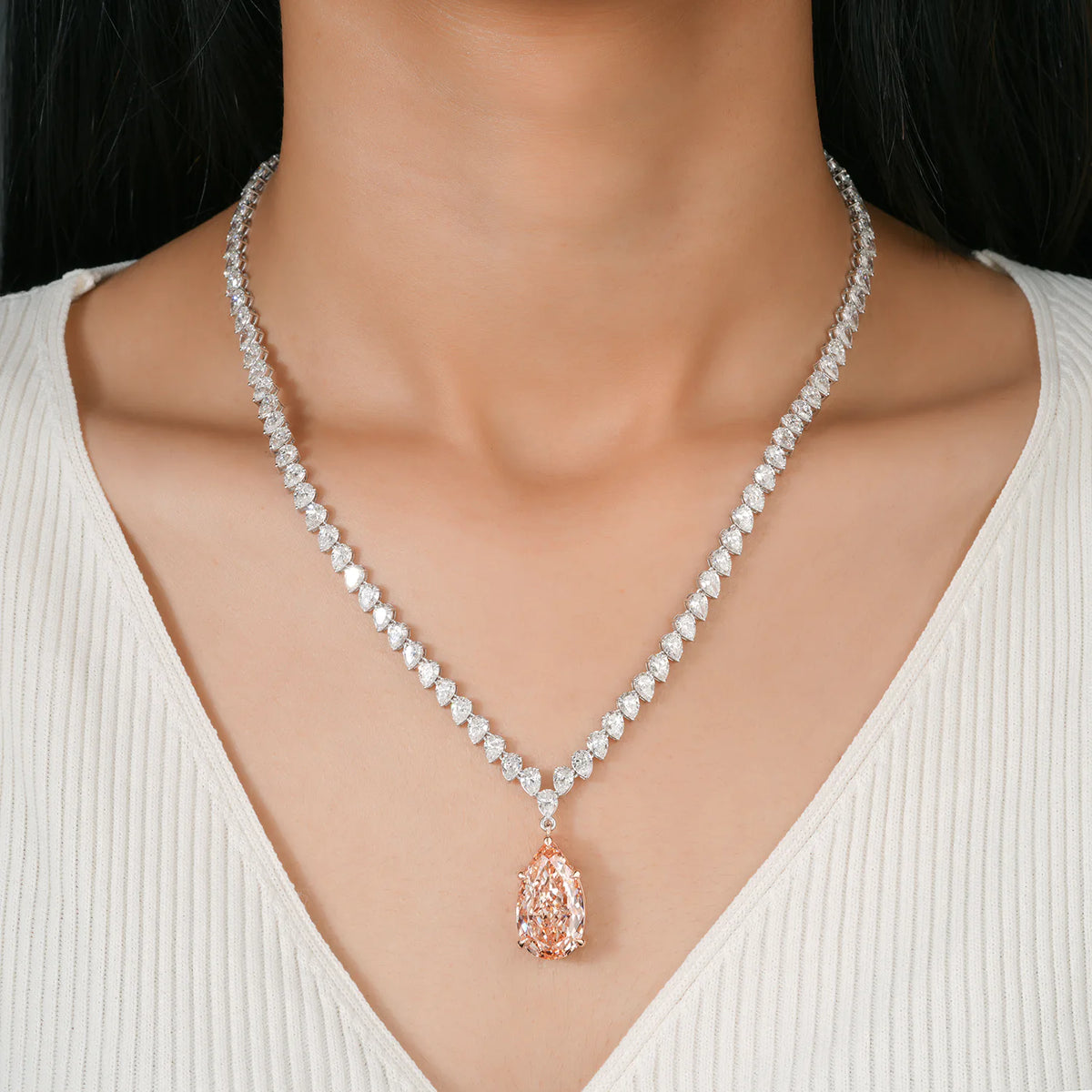 Pear Diamond Tennis Necklace with Pink Diamond Drop