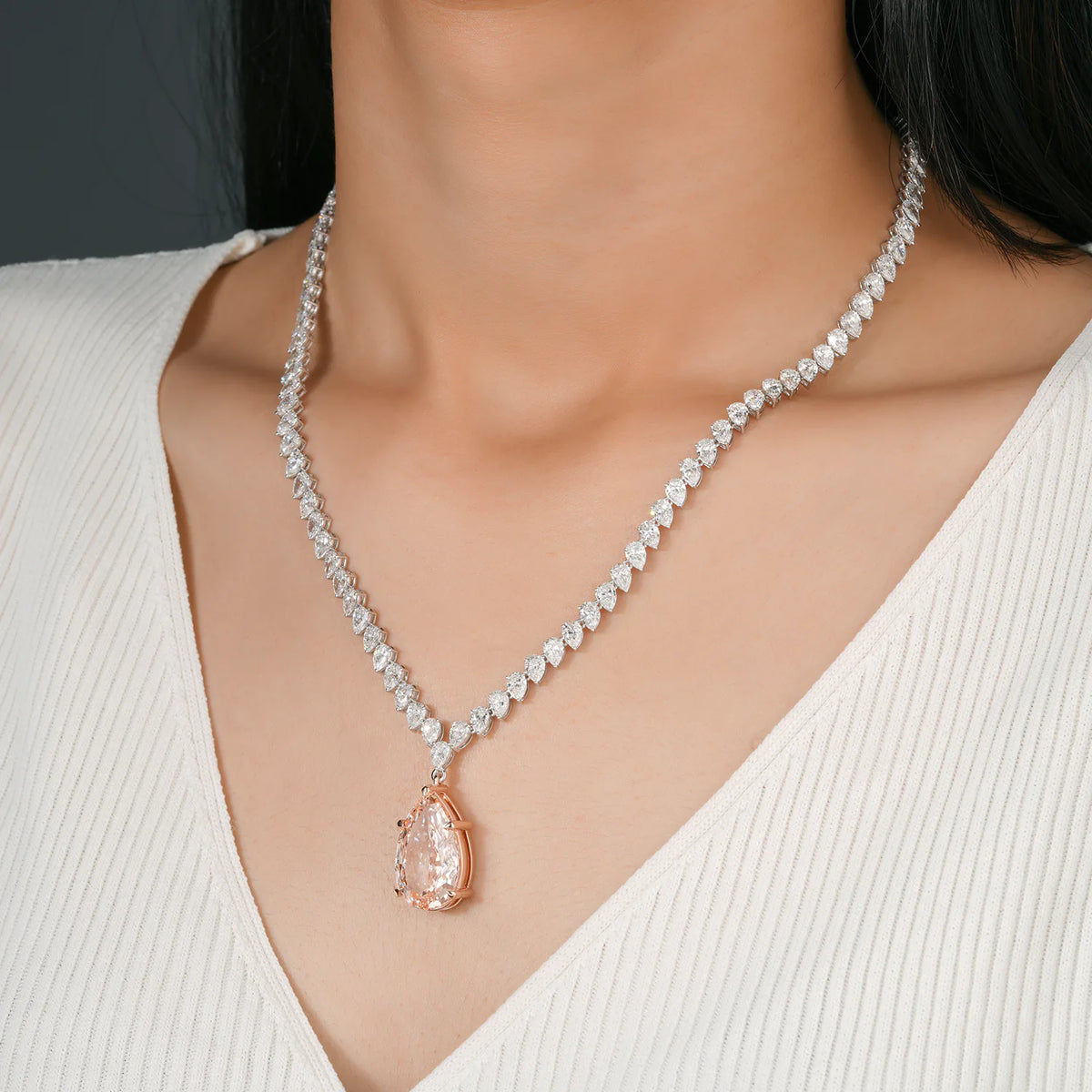 Pear Diamond Tennis Necklace with Pink Diamond Drop