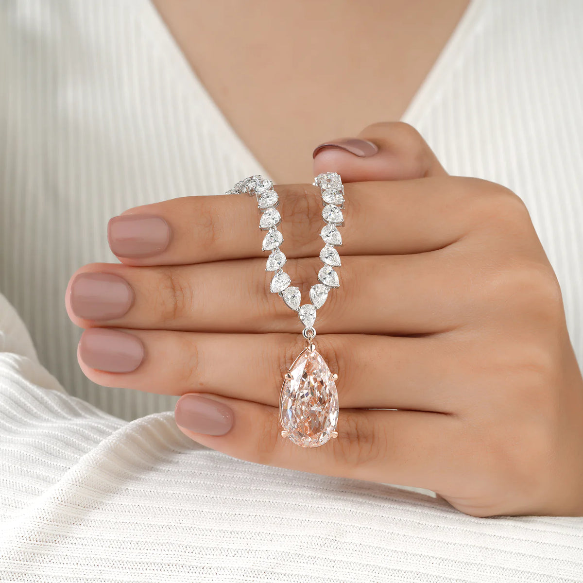 Pear Diamond Tennis Necklace with Pink Diamond Drop
