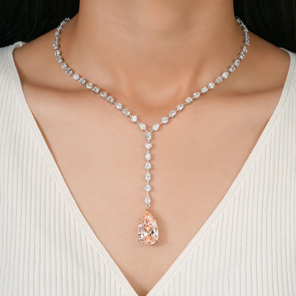 Y Necklace with Pear Shaped Pink Diamond Drop
