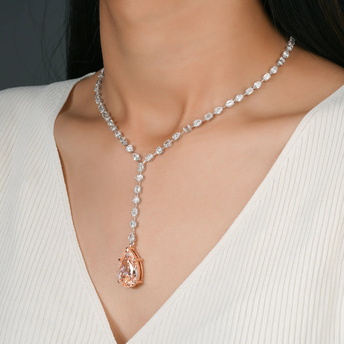 Y Necklace with Pear Shaped Pink Diamond Drop