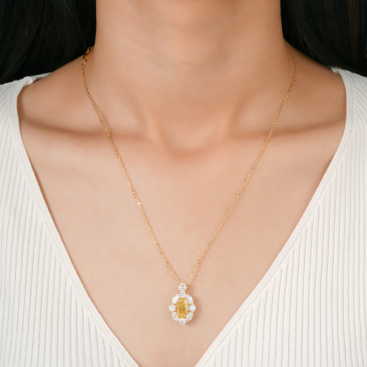 Oval Yellow Diamond Halo Pendant Necklace