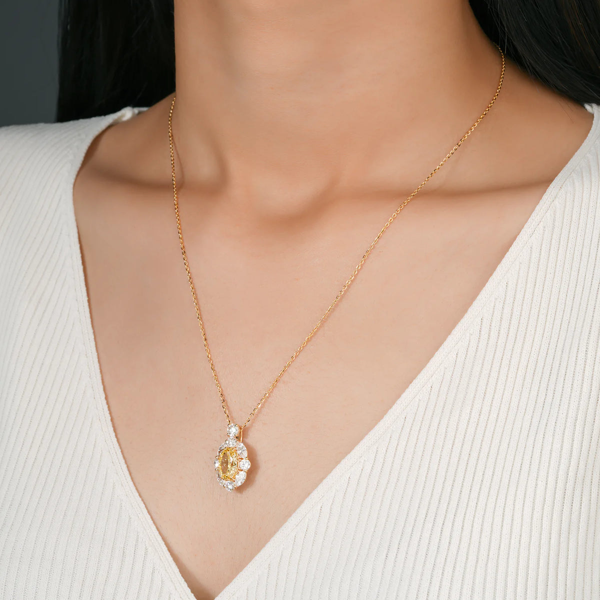 Oval Yellow Diamond Halo Pendant Necklace