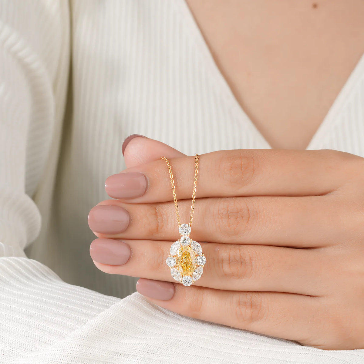 Oval Yellow Diamond Halo Pendant Necklace