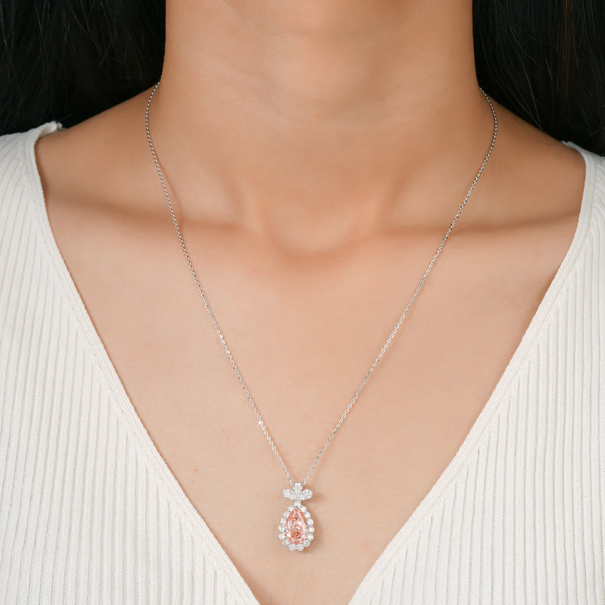 Pear Diamond Halo Pendant with Diamond Bow Bail