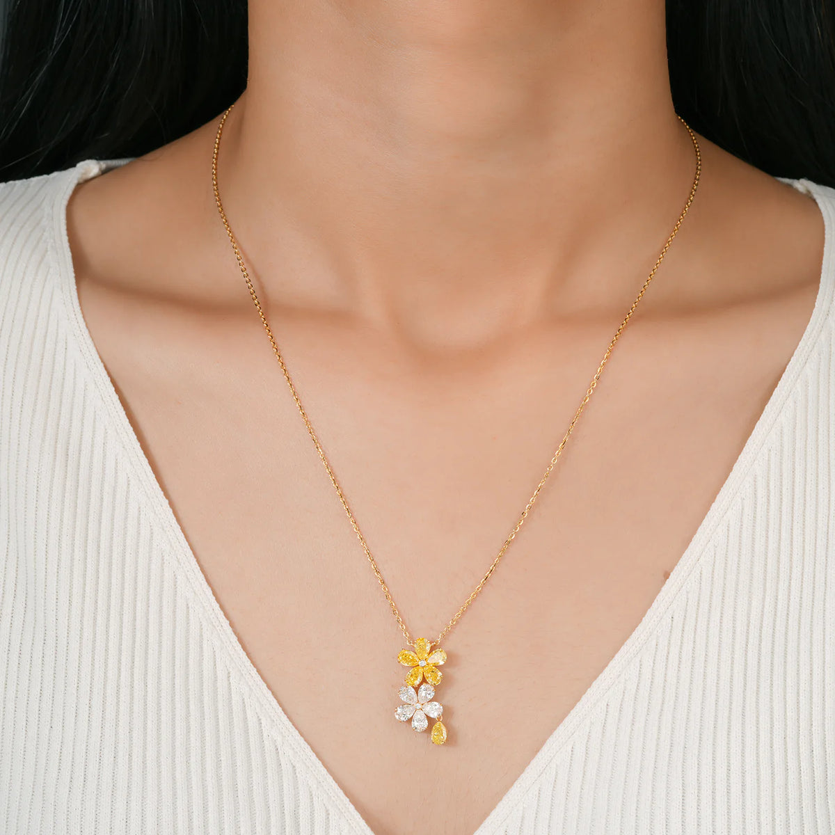 Cascading Two-Tone Floral Drop Necklace with Yellow and Colorless Pear-Cut Lab Grown Diamonds