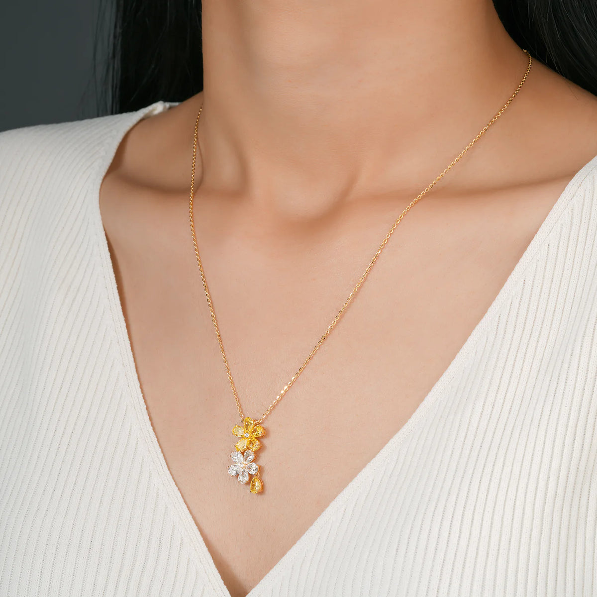 Cascading Two-Tone Floral Drop Necklace with Yellow and Colorless Pear-Cut Lab Grown Diamonds