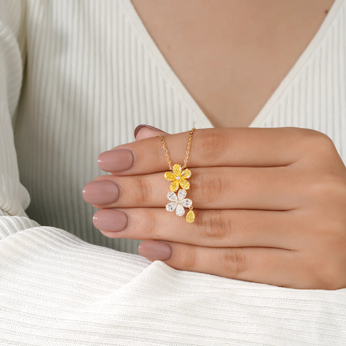 Cascading Two-Tone Floral Drop Necklace with Yellow and Colorless Pear-Cut Lab Grown Diamonds