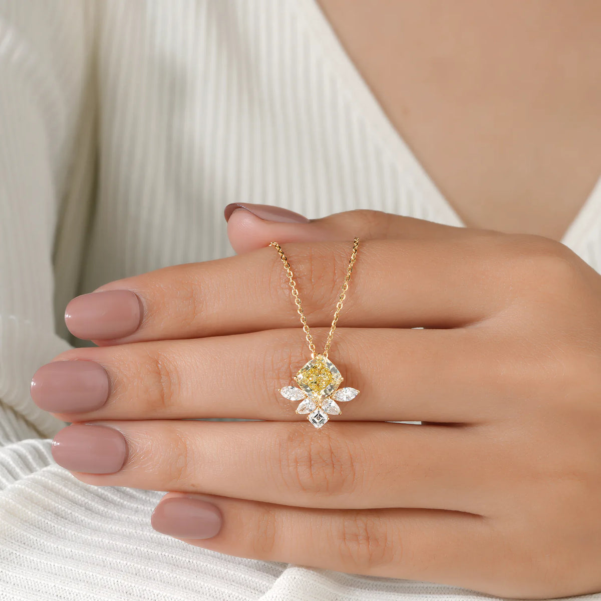 Kite-Set Fancy Yellow Cushion & Multi-Shape Lab Grown Diamond Cluster Pendant