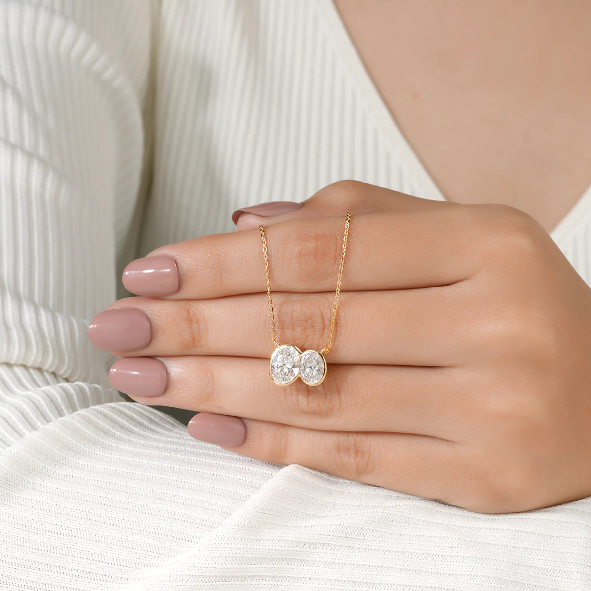 Two Stone Oval Diamond Toi et Moi Necklace