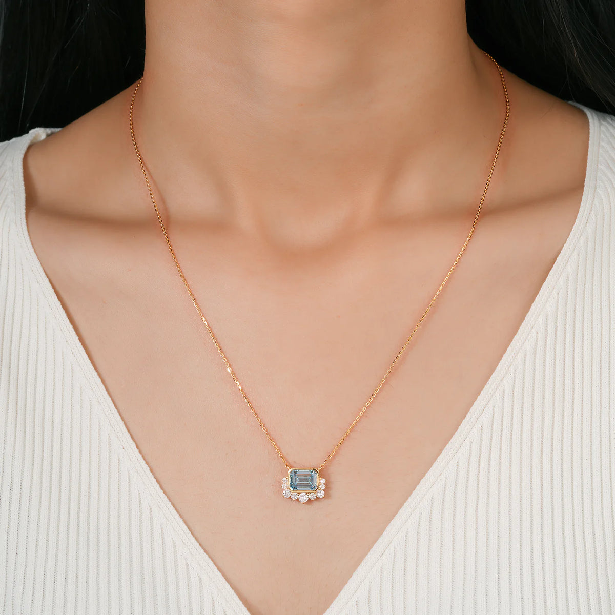 Emerald Cut Aquamarine Pendant with Diamond Fringe