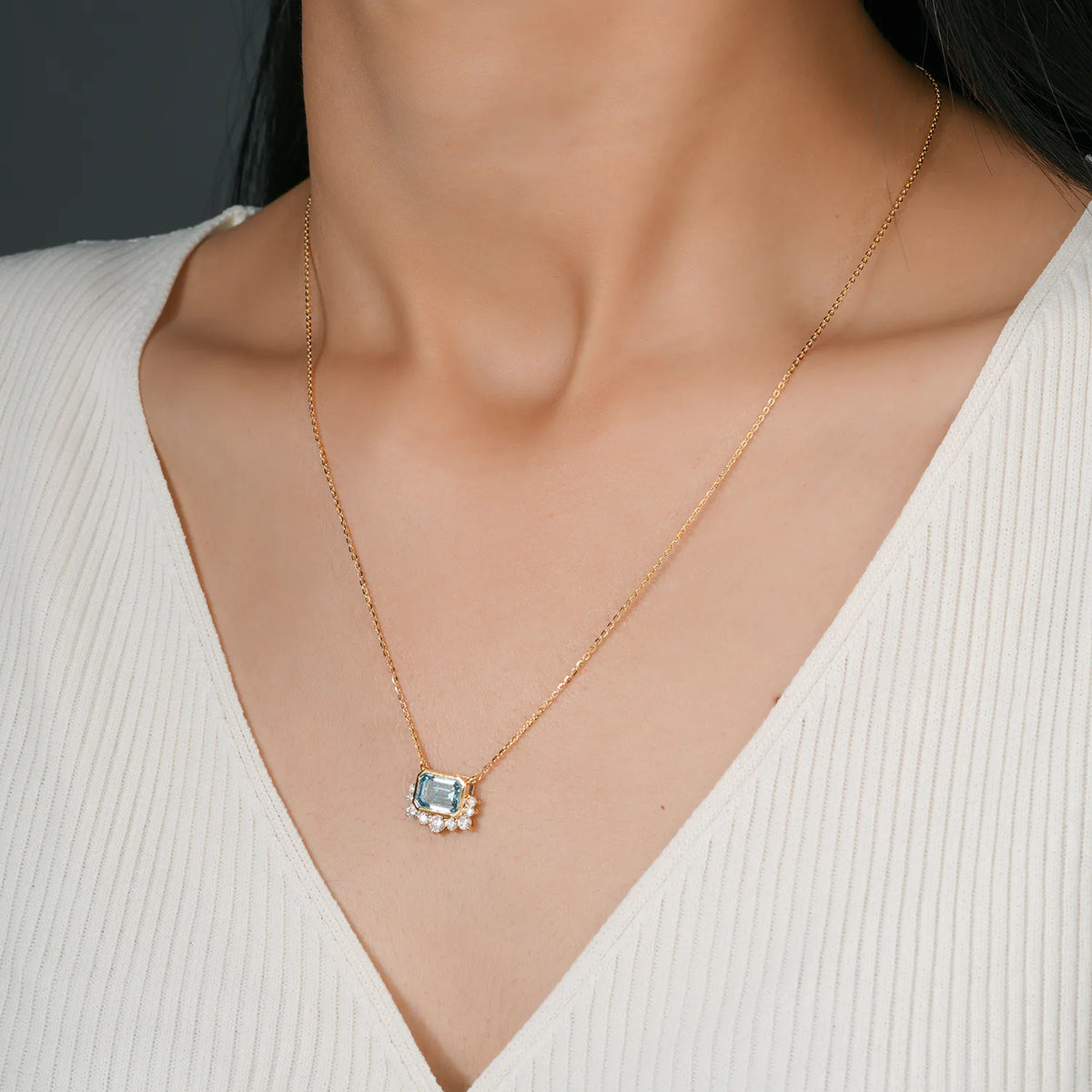 Emerald Cut Aquamarine Pendant with Diamond Fringe