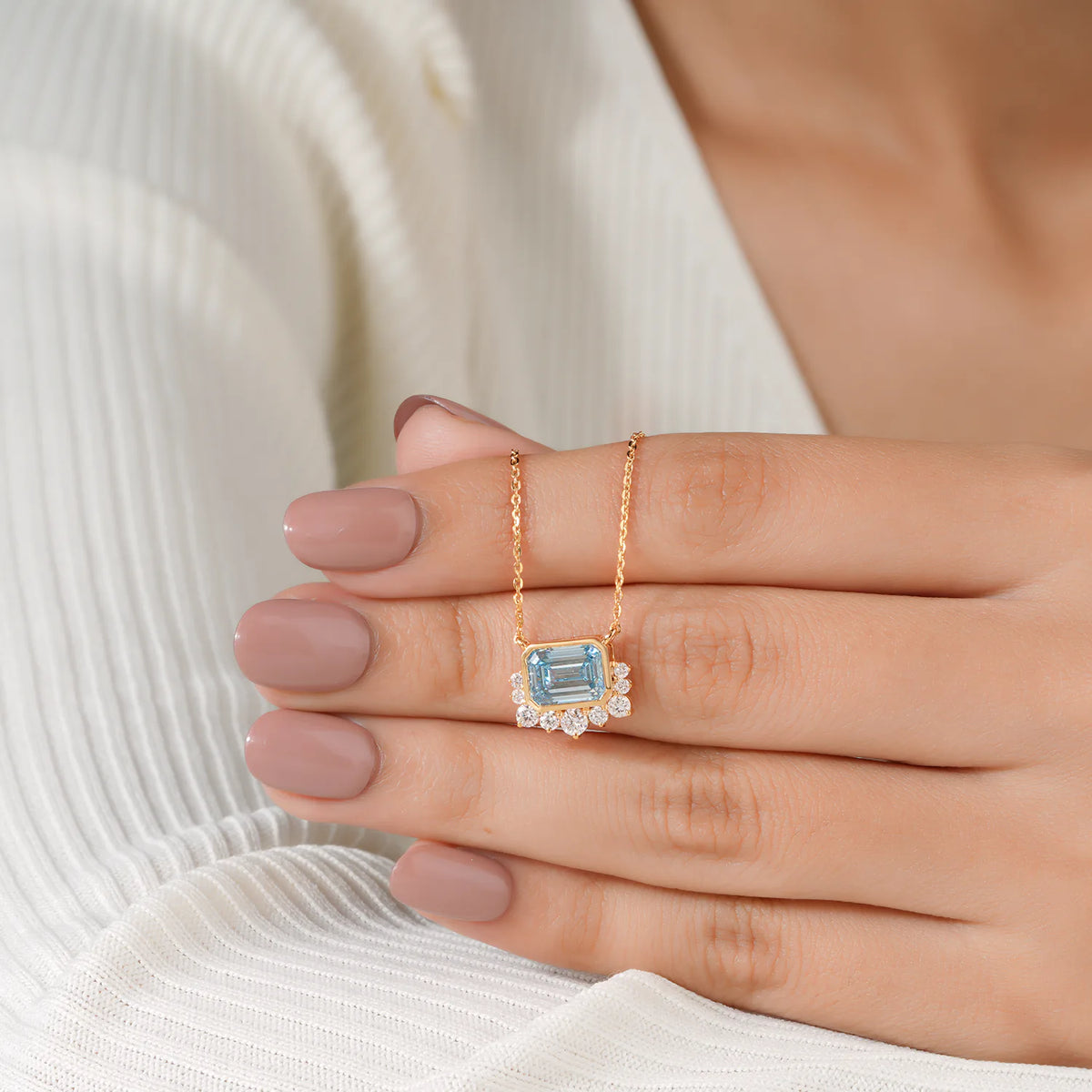 Emerald Cut Aquamarine Pendant with Diamond Fringe