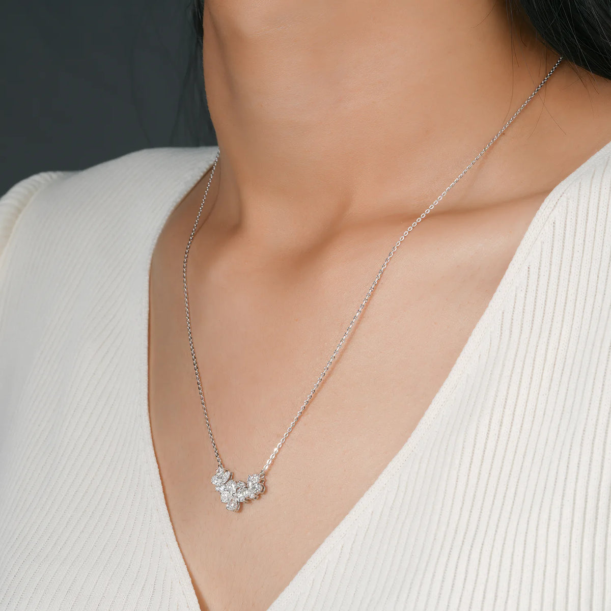 Marquise and Round Lab Grown Diamond Triple Floral Cluster Necklace