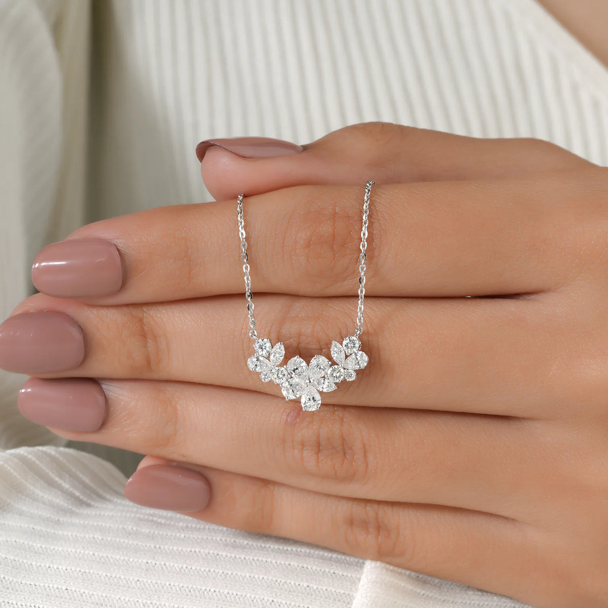 Marquise and Round Lab Grown Diamond Triple Floral Cluster Necklace