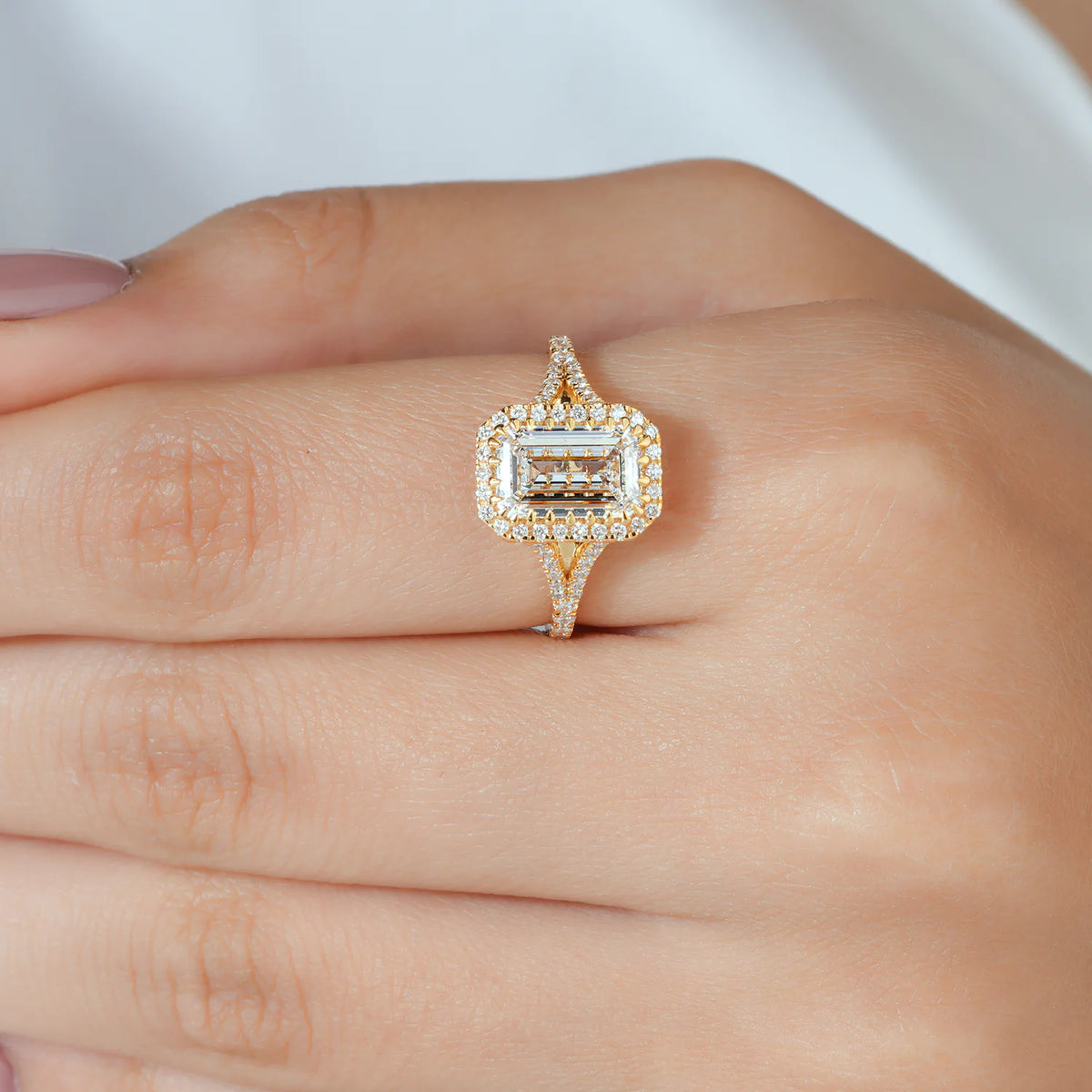 Emerald Cut Halo Split Shank Ring