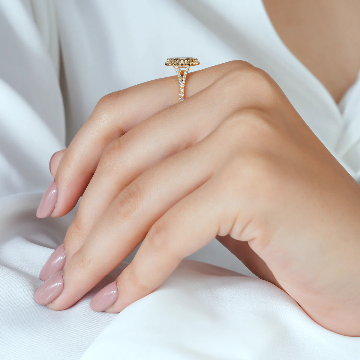 Emerald Cut Halo Split Shank Ring