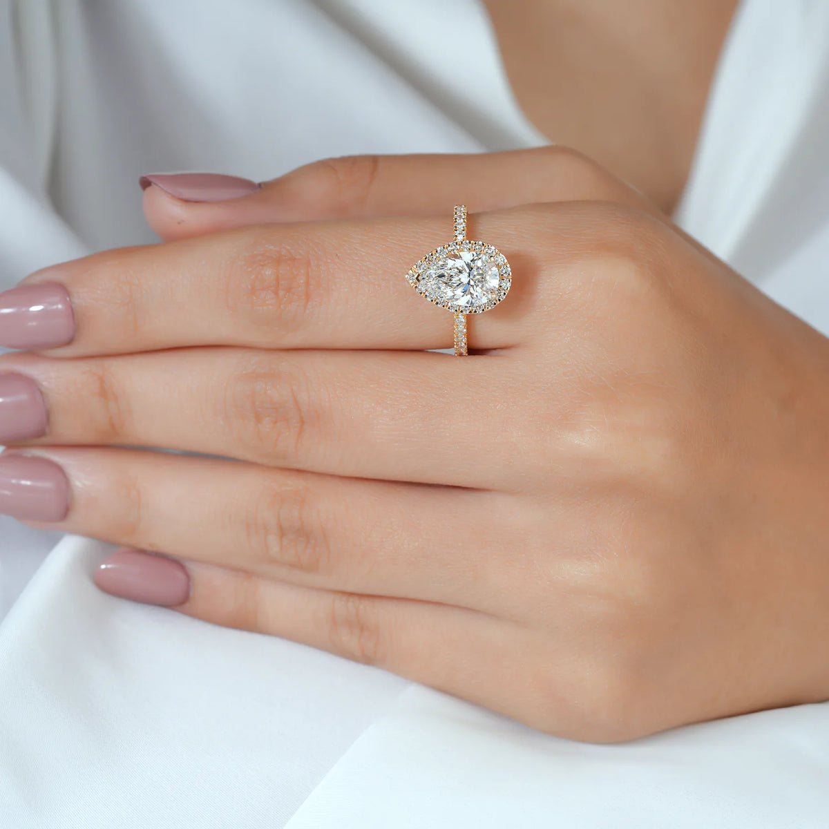 Pear Lab Grown Diamond Halo Engagement Ring, Pave Diamond Ring