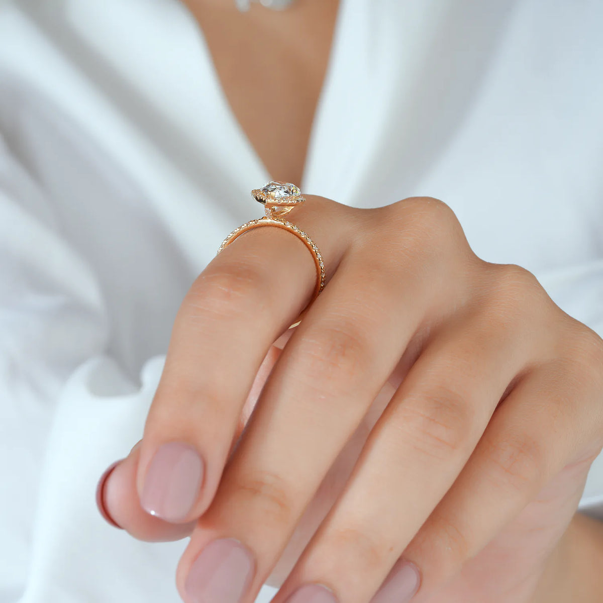 Pear Lab Grown Diamond Halo Engagement Ring, Pave Diamond Ring